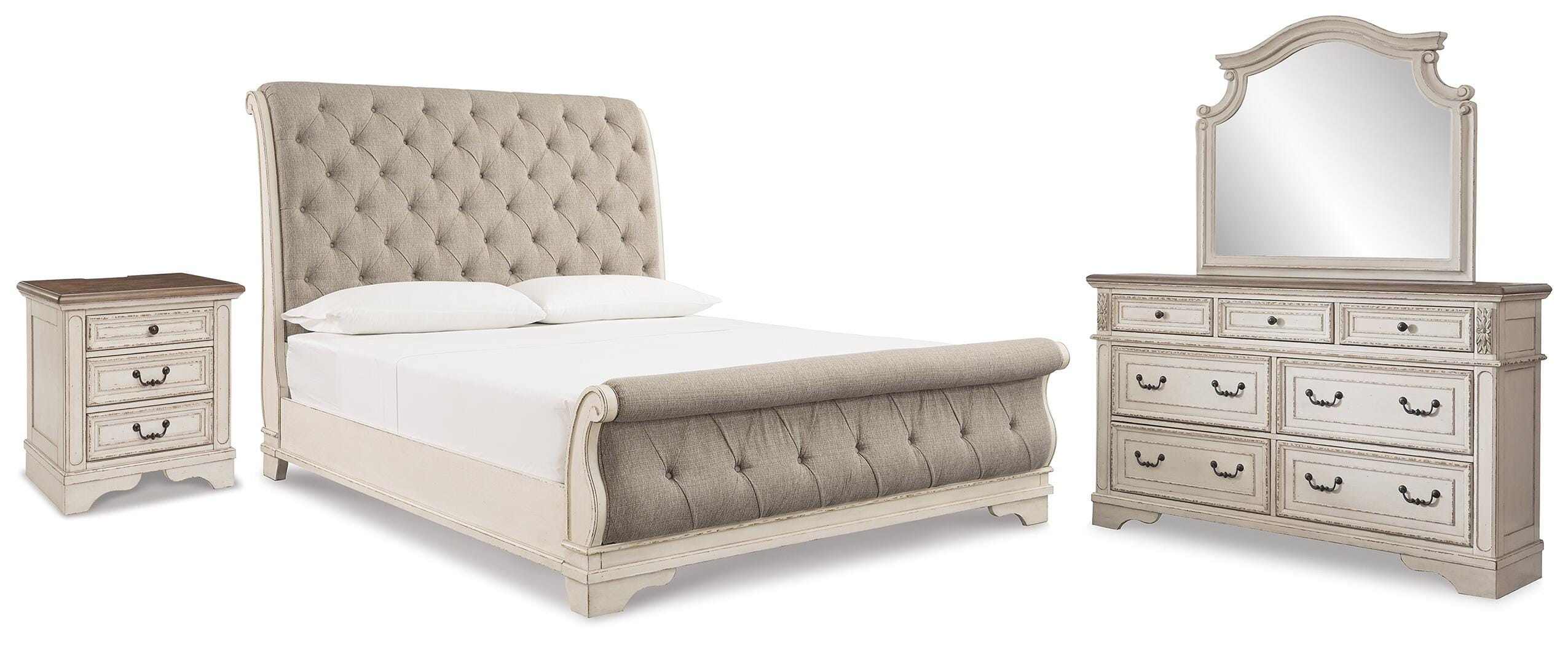 Realyn Sleigh Bed, Dresser Mirror and Nightstand