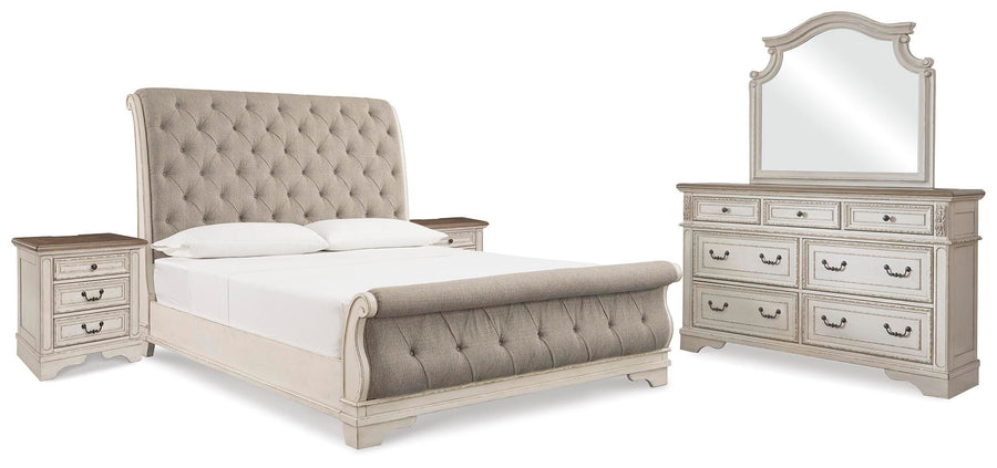 Realyn Upholstered Sleigh Bed, Dresser, Mirror and 2 Nightstands