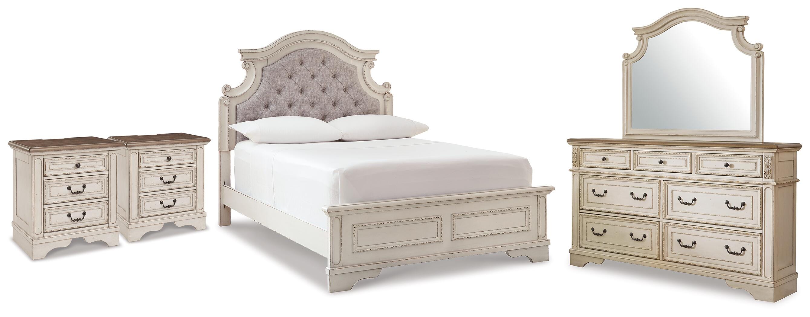Realyn Upholstered Panel Bed, Dresser, Mirror and 2 Nightstands
