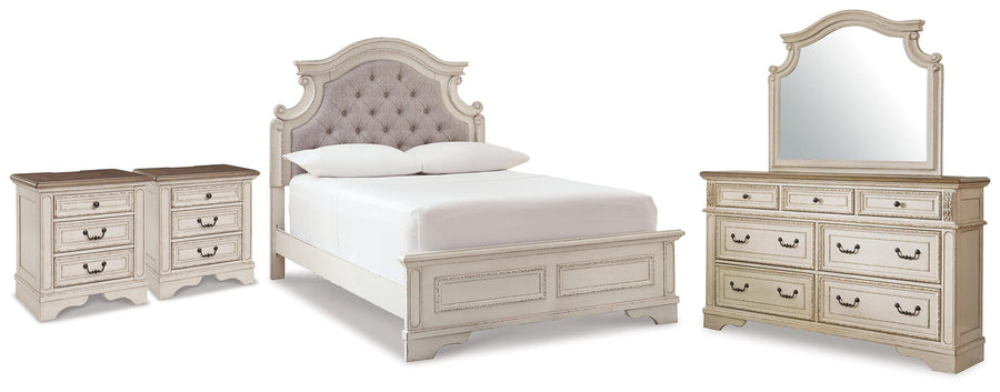 Realyn Upholstered Panel Bed, Dresser, Mirror and 2 Nightstands