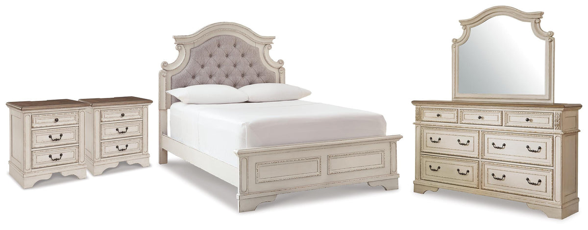 Realyn Upholstered Panel Bed, Dresser, Mirror and 2 Nightstands