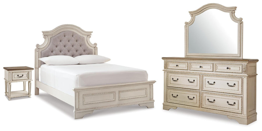 Realyn Panel Bed, Dresser, Mirror and Nightstand