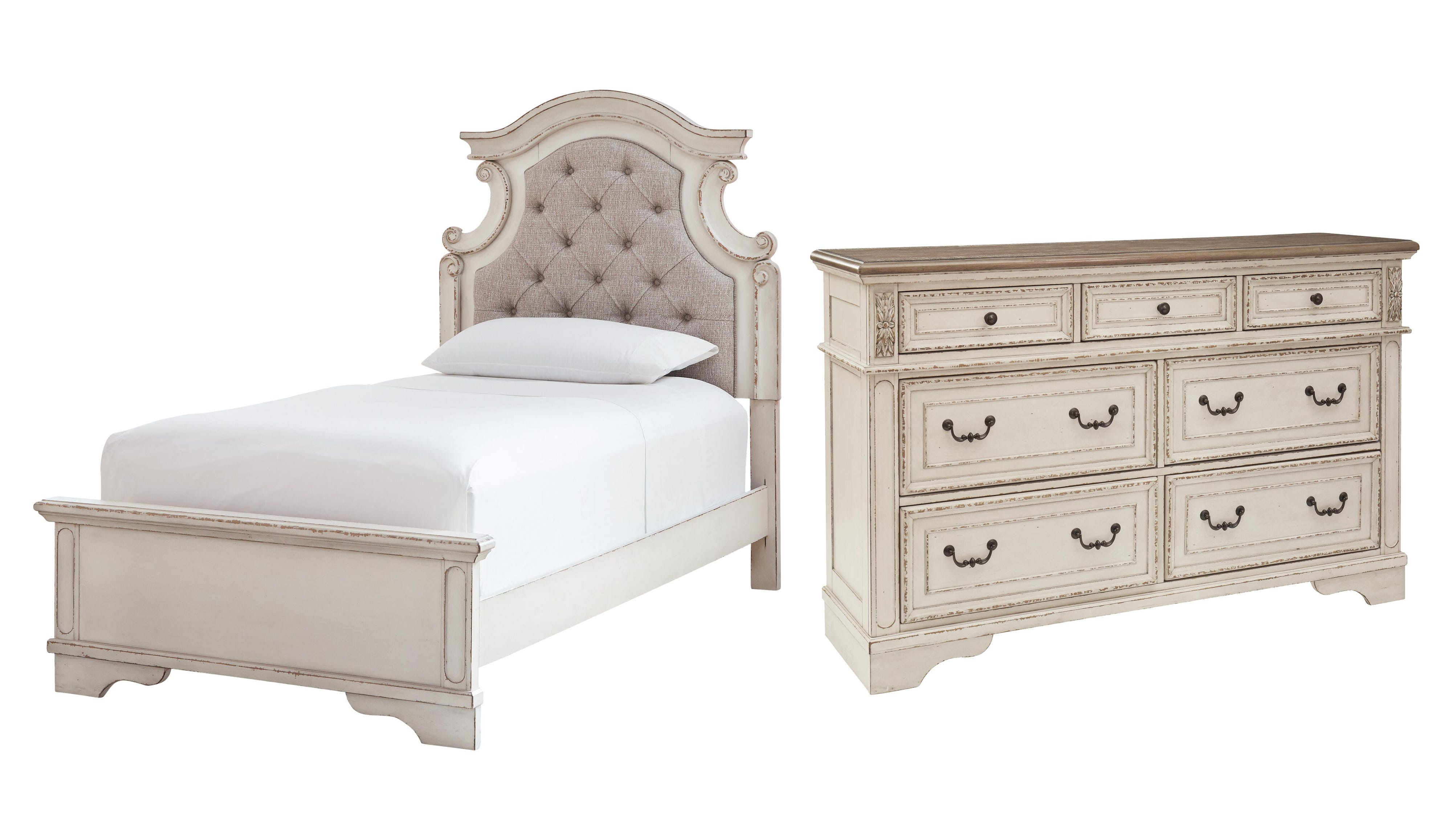 Realyn Upholstered Panel Bed with Dresser
