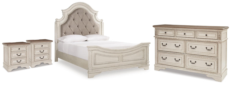 Realyn Upholstered Panel Bed, Dresser and 2 Nightstands