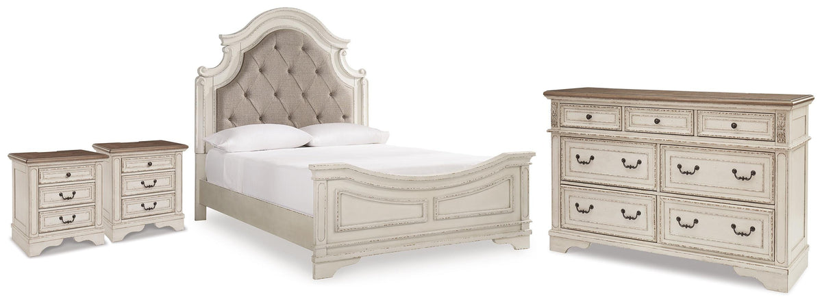 Realyn Upholstered Panel Bed, Dresser and 2 Nightstands