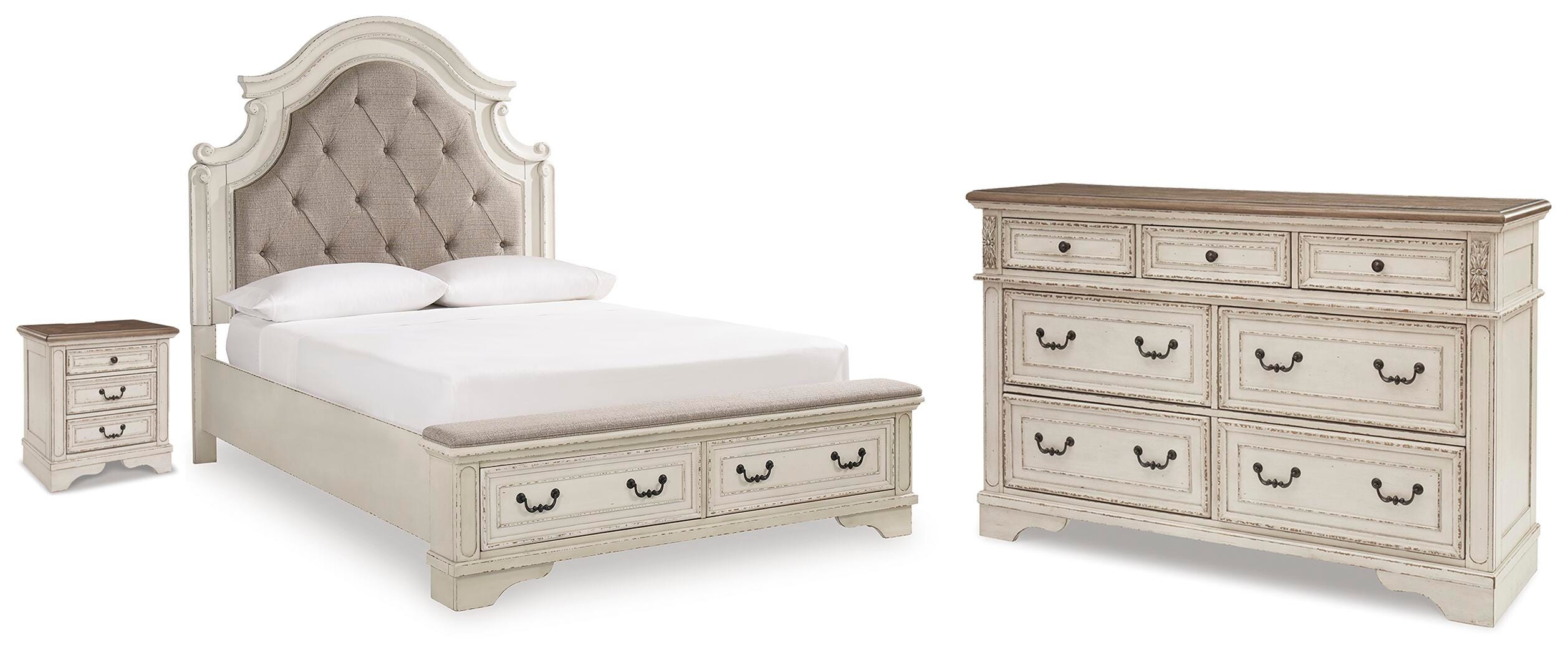 Realyn Upholstered Panel Bed with Storage, Dresser and Nightstand