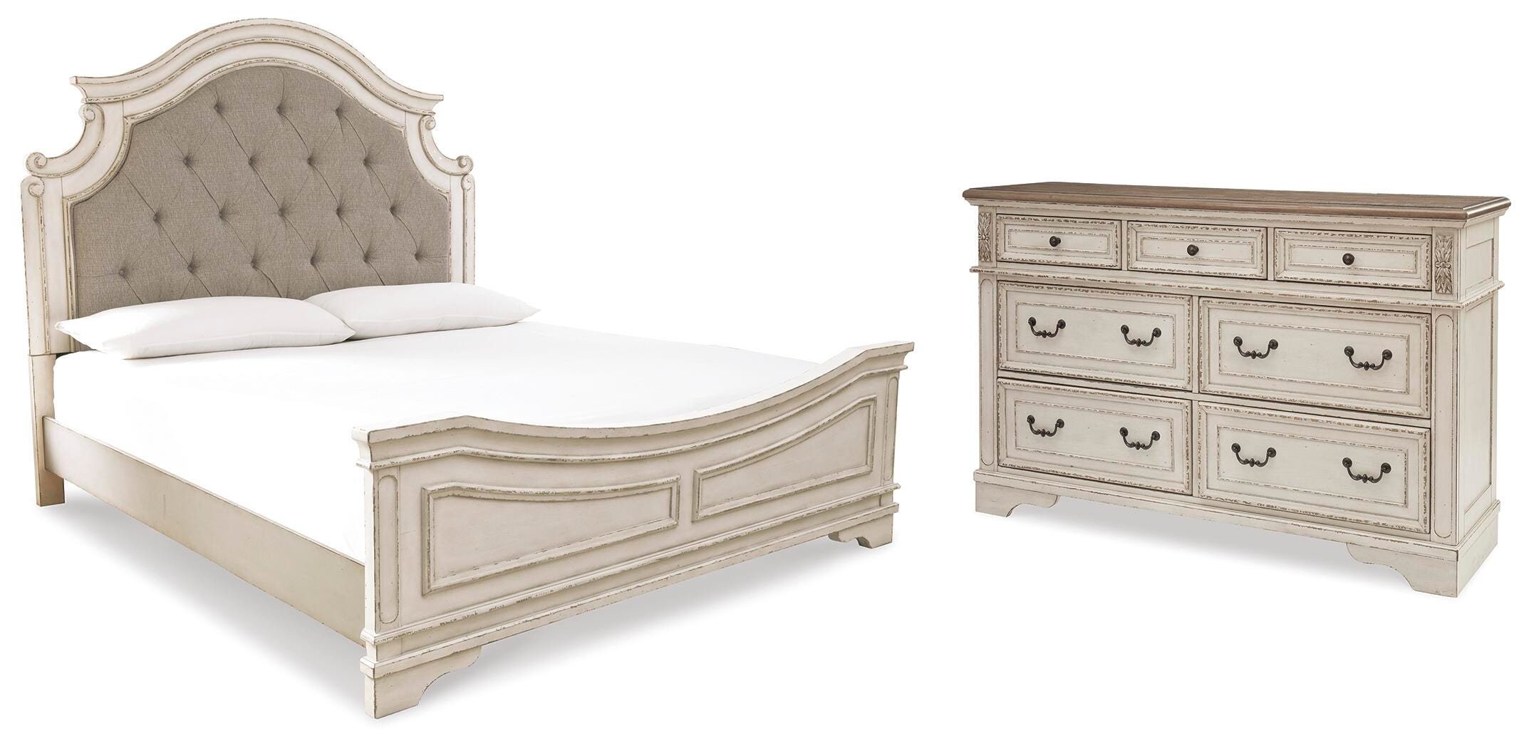 Realyn Upholstered Panel Bed with Dresser