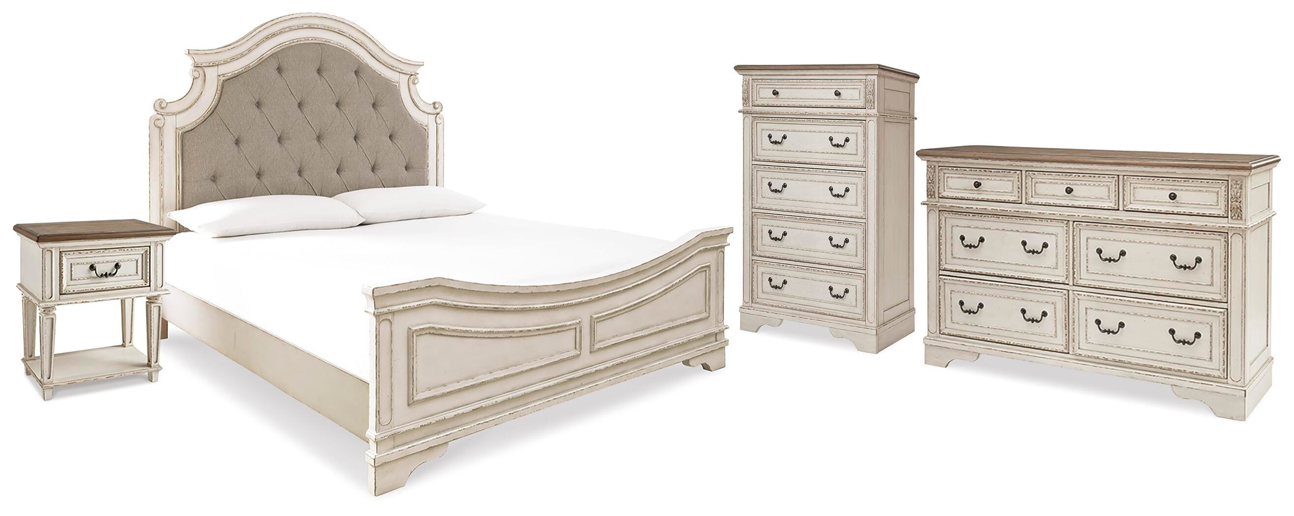 Realyn Upholstered Panel Bed, Dresser, Chest and Nightstand
