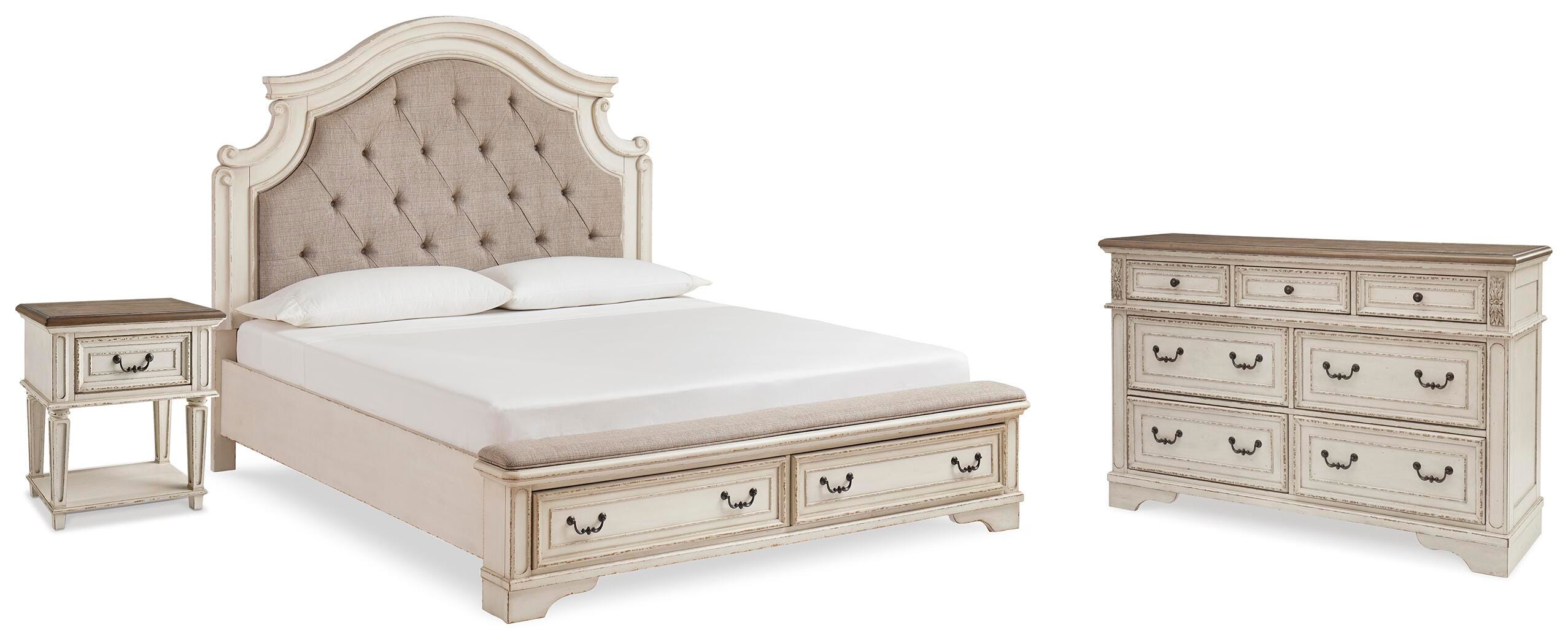 Realyn Upholstered Panel Bed with Storage, Dresser and Nightstand