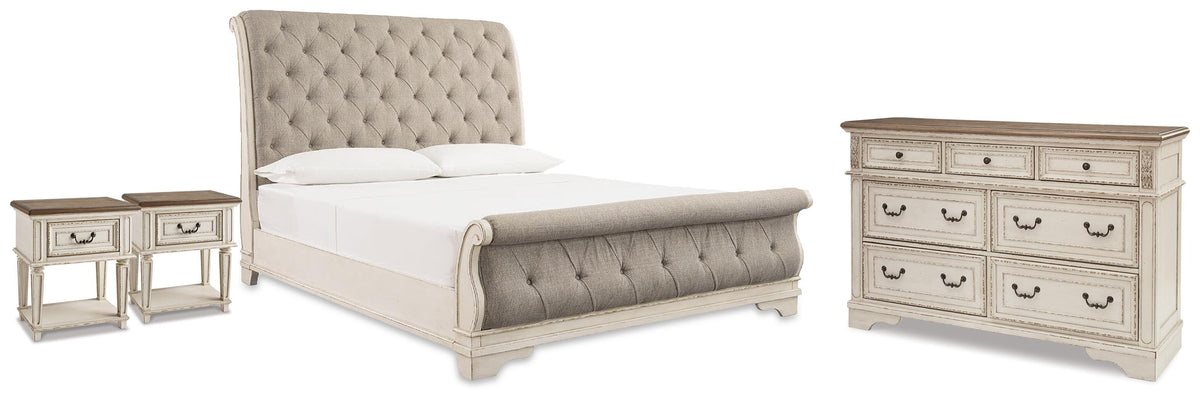 Realyn Upholstered Sleigh Bed, Dresser and 2 Nightstands