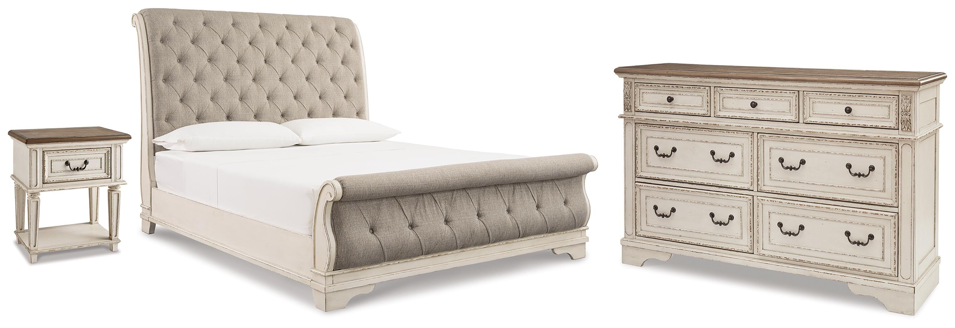 Realyn Upholstered Sleigh Bed, Dresser and Nightstand