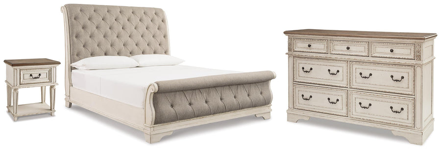 Realyn Upholstered Sleigh Bed, Dresser and Nightstand