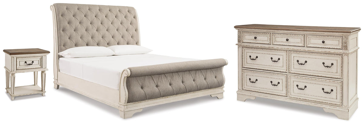 Realyn Upholstered Sleigh Bed, Dresser and Nightstand