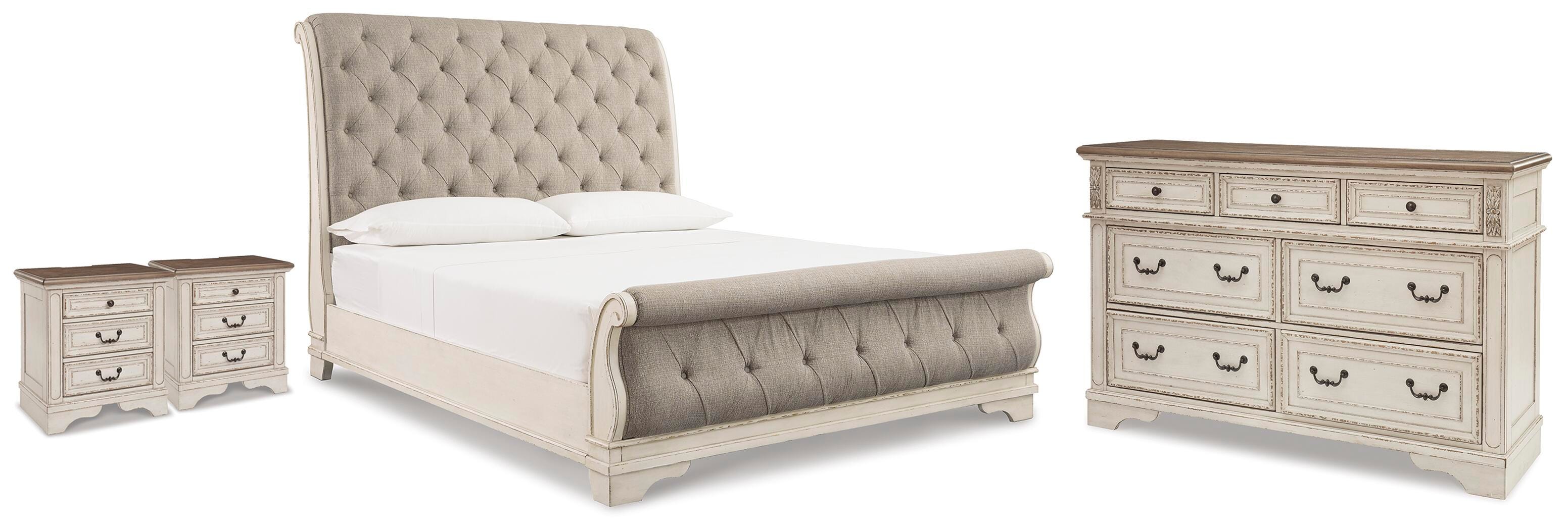 Realyn Upholstered Sleigh Bed, Dresser and 2 Nightstands
