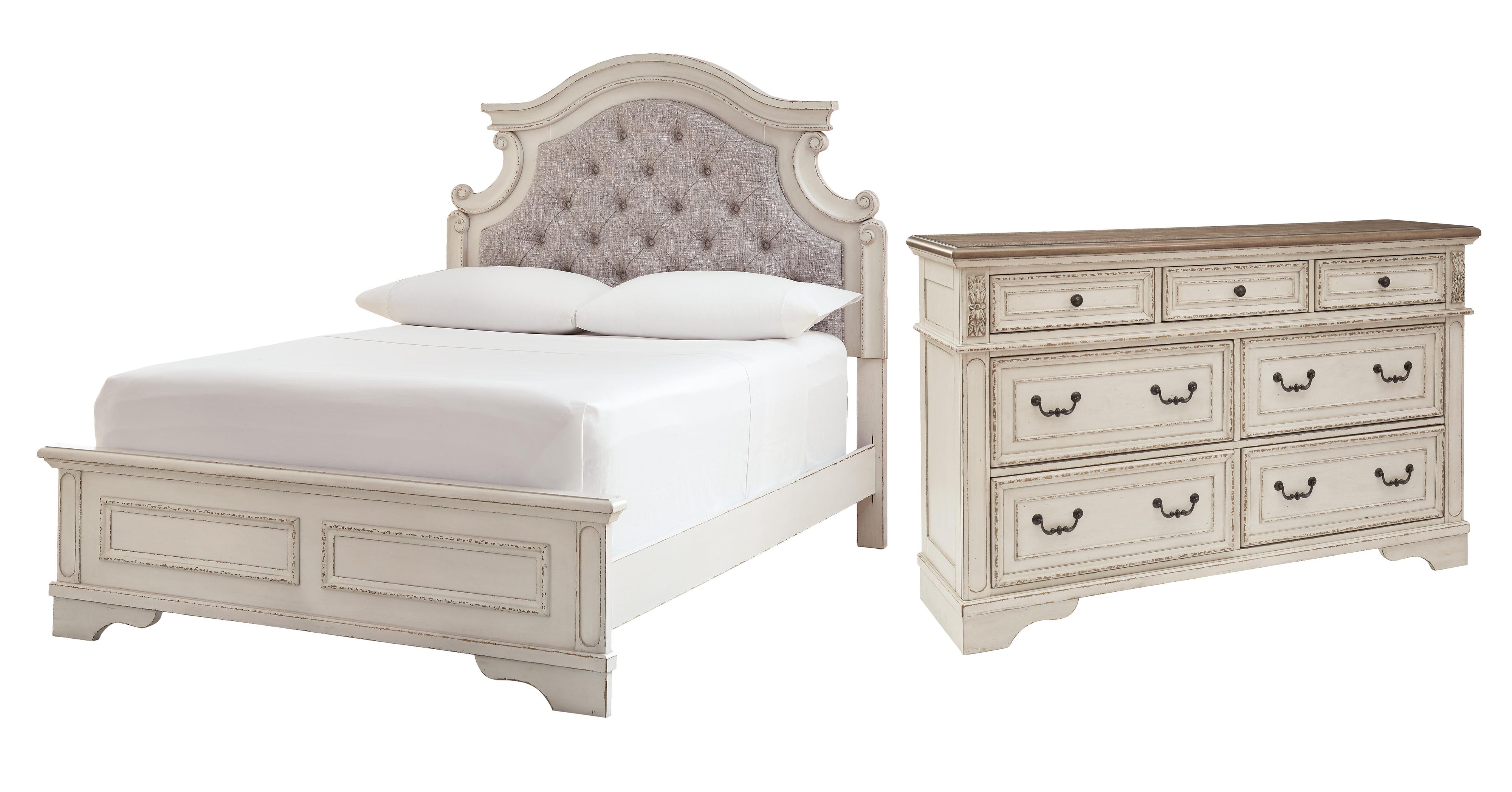 Realyn Upholstered Panel Bed with Dresser