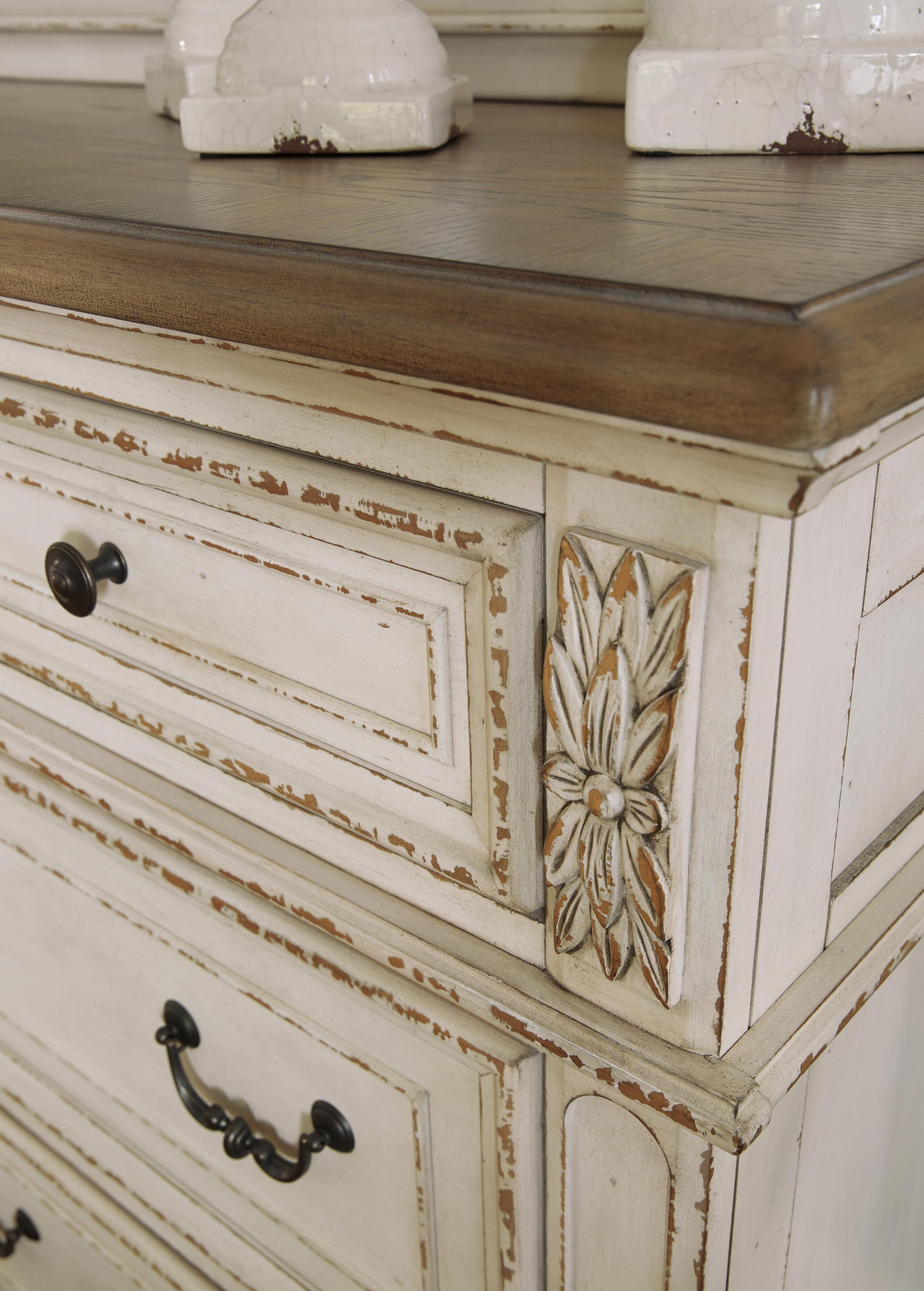 Realyn Upholstered Panel Bed, Dresser, Mirror, Chest and Nightstand