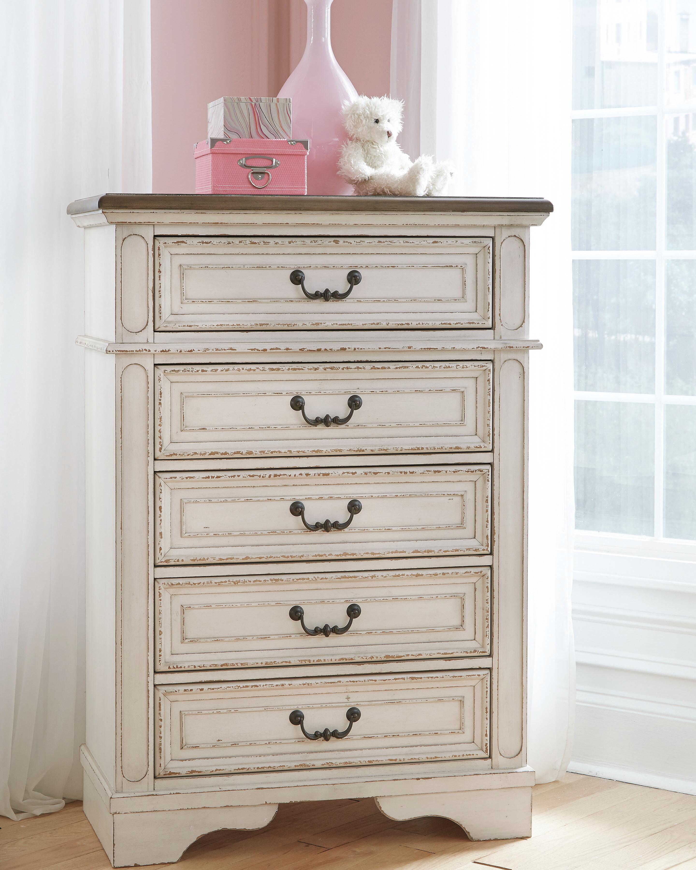 Realyn Upholstered Panel Bed, Dresser, Mirror, Chest and 2 Nightstands