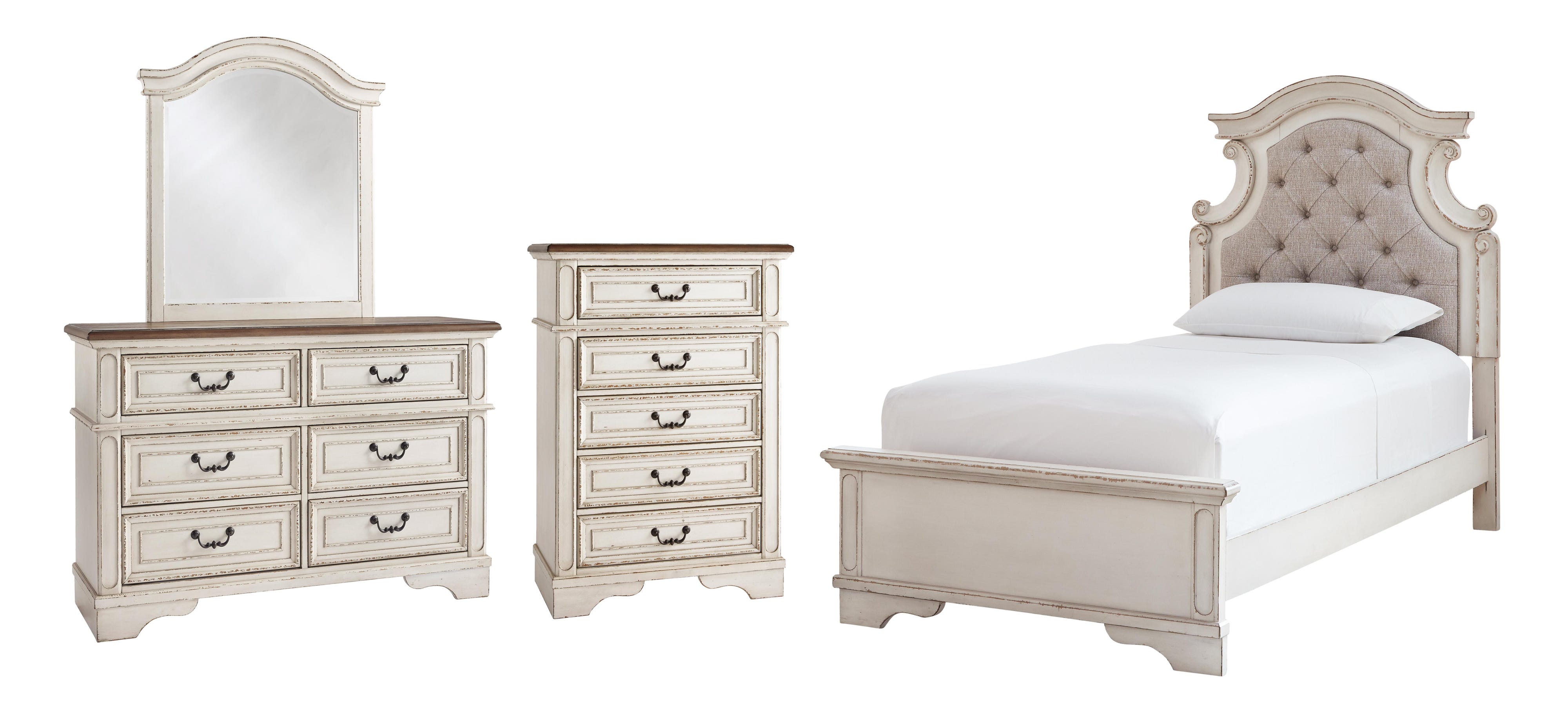 Realyn Panel Bed, Dresser, Mirror and Chest