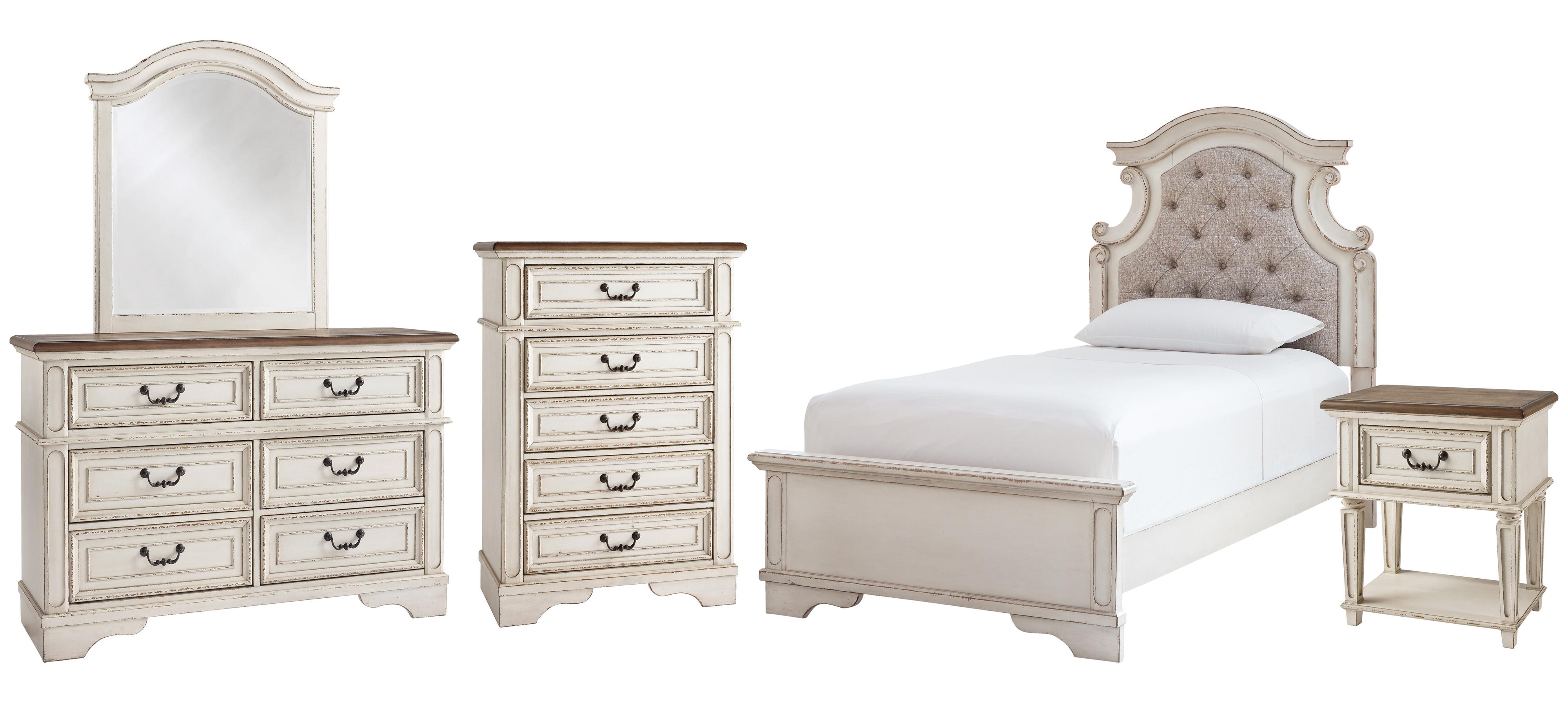 Realyn Panel Bed with Mirrored Dresser, Chest and Nightstand
