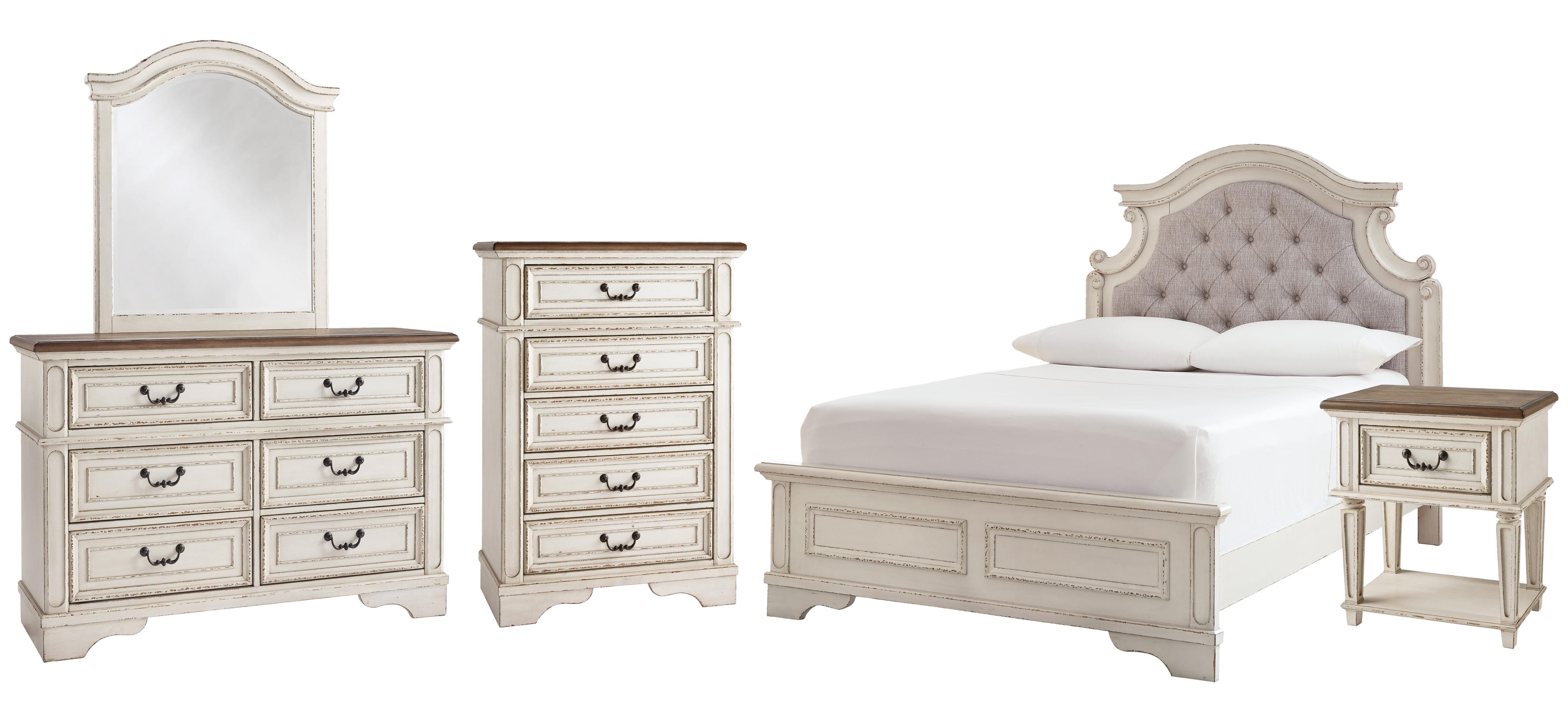 Realyn Panel Bed with Mirrored Dresser, Chest and Nightstand