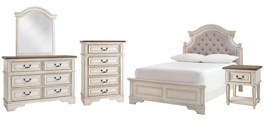 Realyn Panel Bed with Mirrored Dresser, Chest and Nightstand
