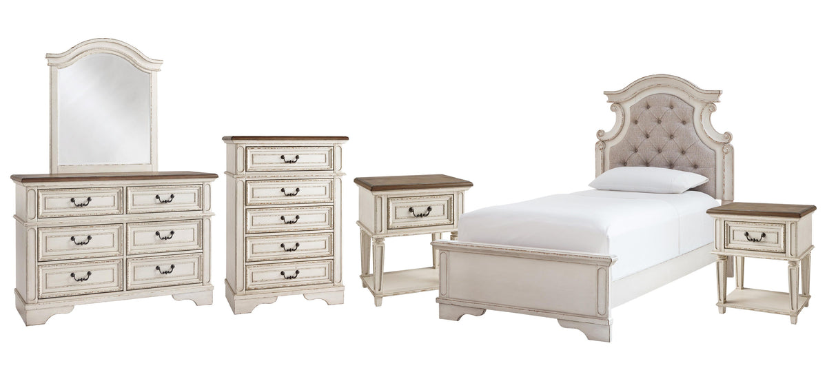 Realyn Panel Bed with Mirrored Dresser, Chest and 2 Nightstands