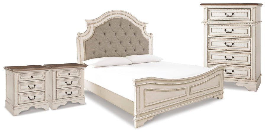 Realyn Upholstered Panel Bed, Chest and 2 Nightstands
