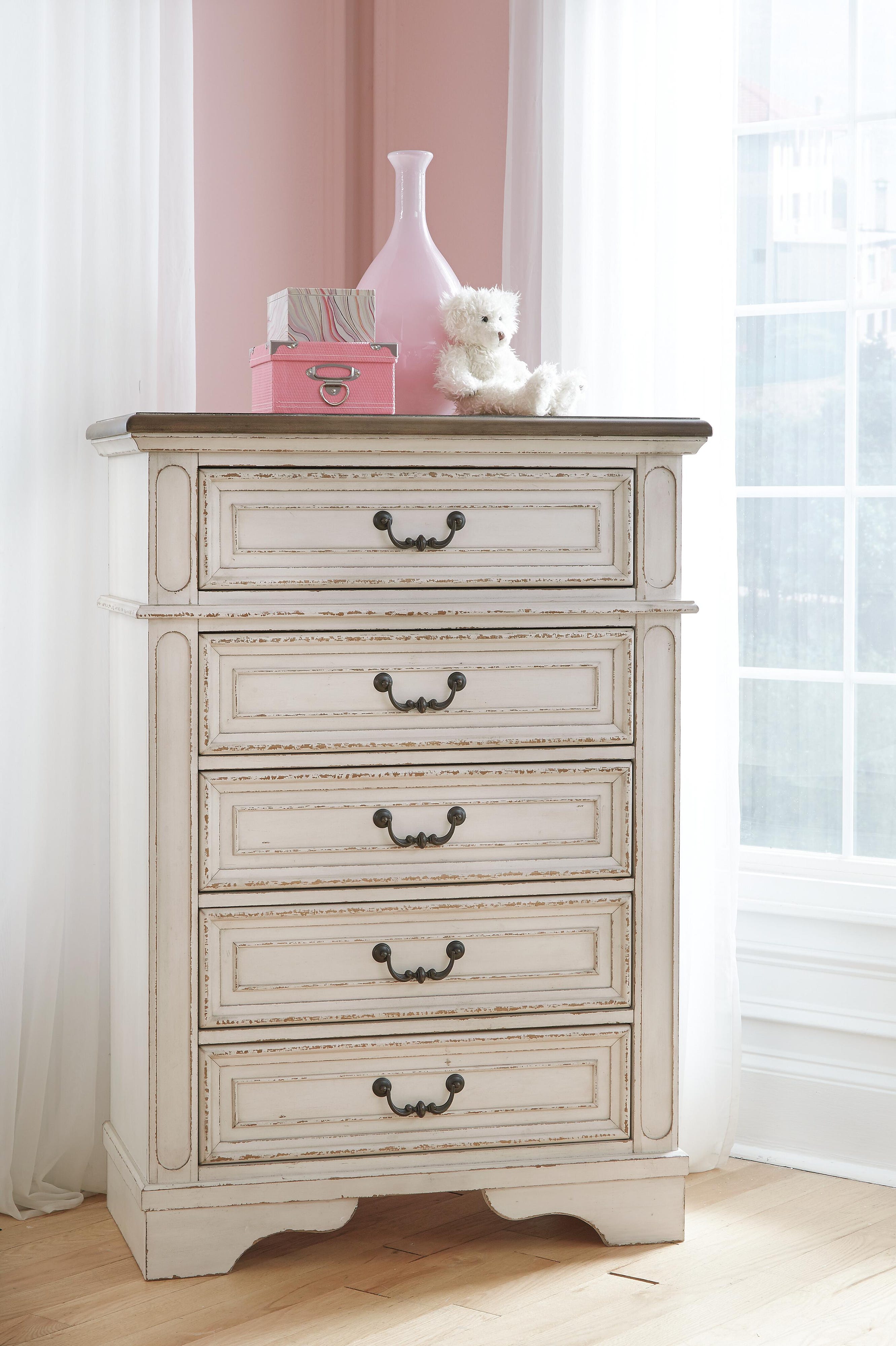 Realyn Upholstered Panel Bed, Dresser, Mirror, Chest and 2 Nightstands