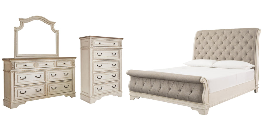 Realyn Sleigh Bed with Mirrored Dresser and 2 Nightstands