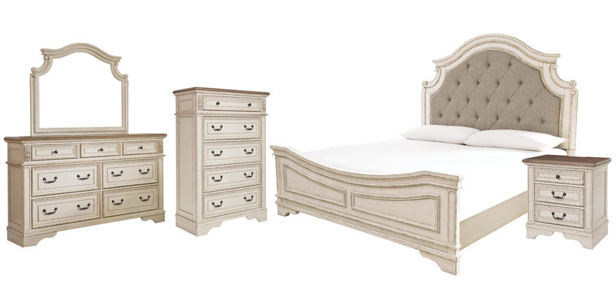 Realyn Upholstered Panel Bed with Mirrored Dresser, Chest and Nightstand