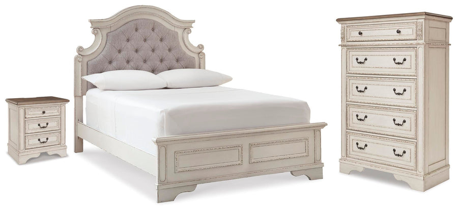 Realyn Upholstered Panel Bed, Chest and Nightstand