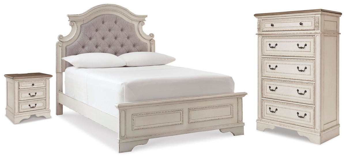 Realyn Upholstered Panel Bed, Chest and Nightstand