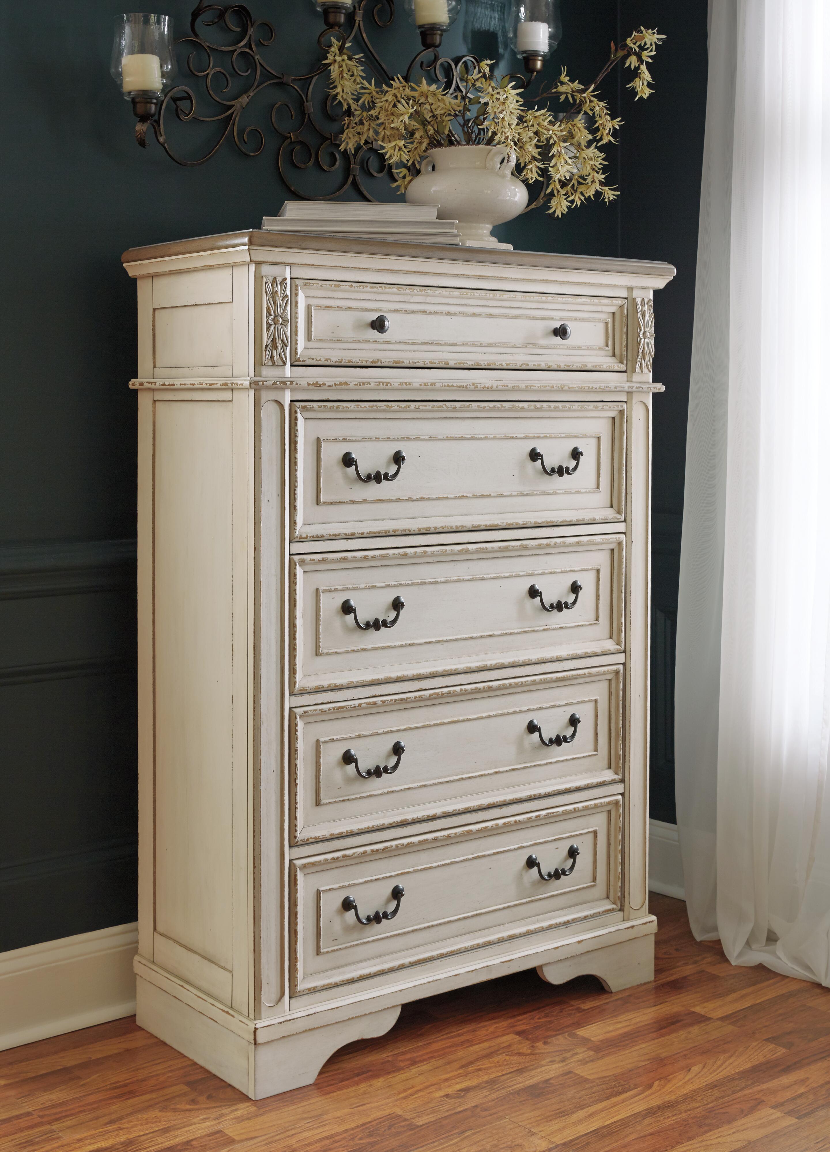Realyn Panel Bed, Dresser, Mirror and Chest