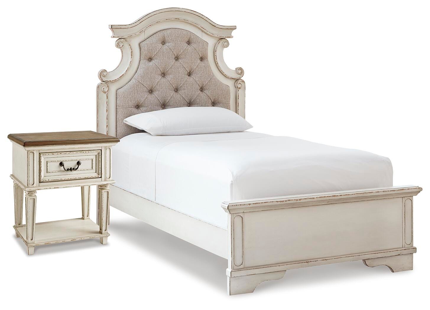 Realyn Upholstered Panel Bed and Nightstand
