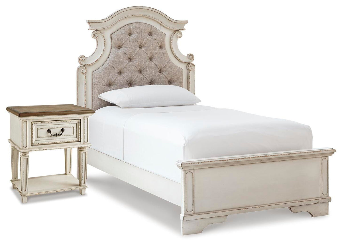 Realyn Upholstered Panel Bed and Nightstand