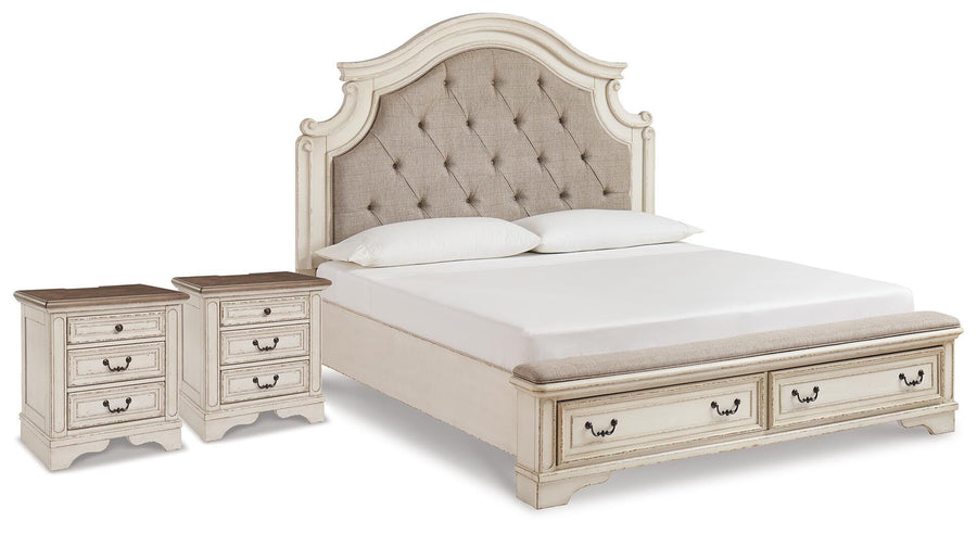 Realyn Upholstered Panel Storage Bed and 2 Nightstands