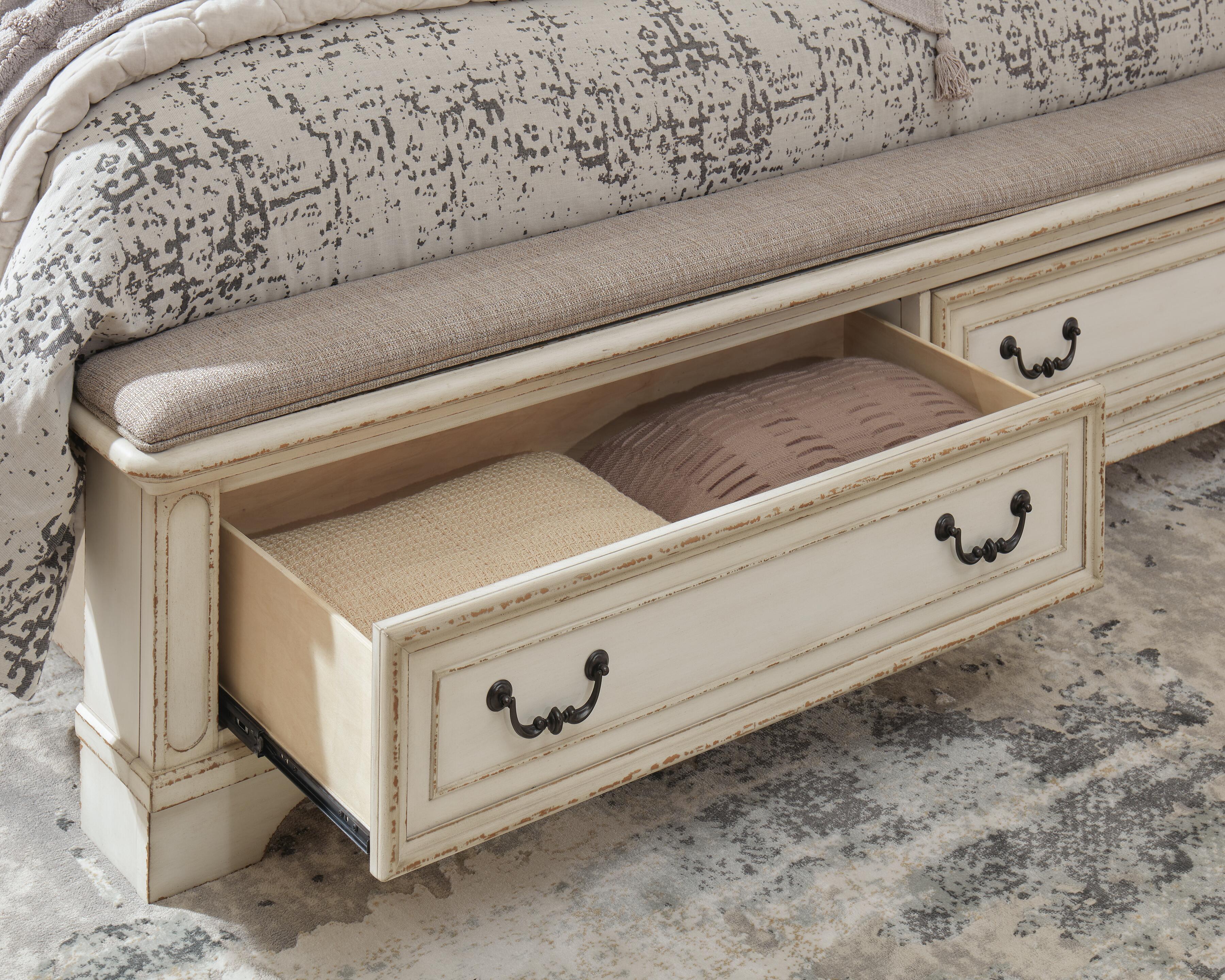 Realyn Upholstered Panel Bed, Dresser, Mirror and Nightstand