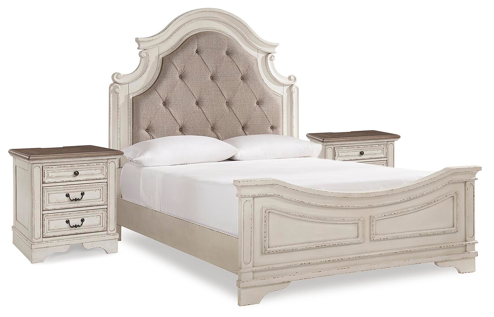 Realyn Upholstered Panel Bed and 2 Nightstands