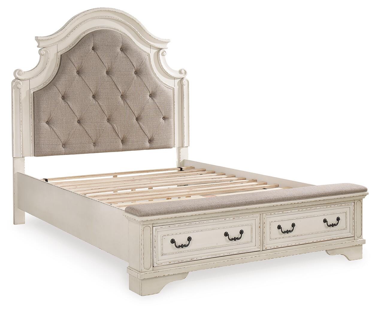 Realyn Upholstered Bed, Dresser, Mirror, Chest and Nightstand
