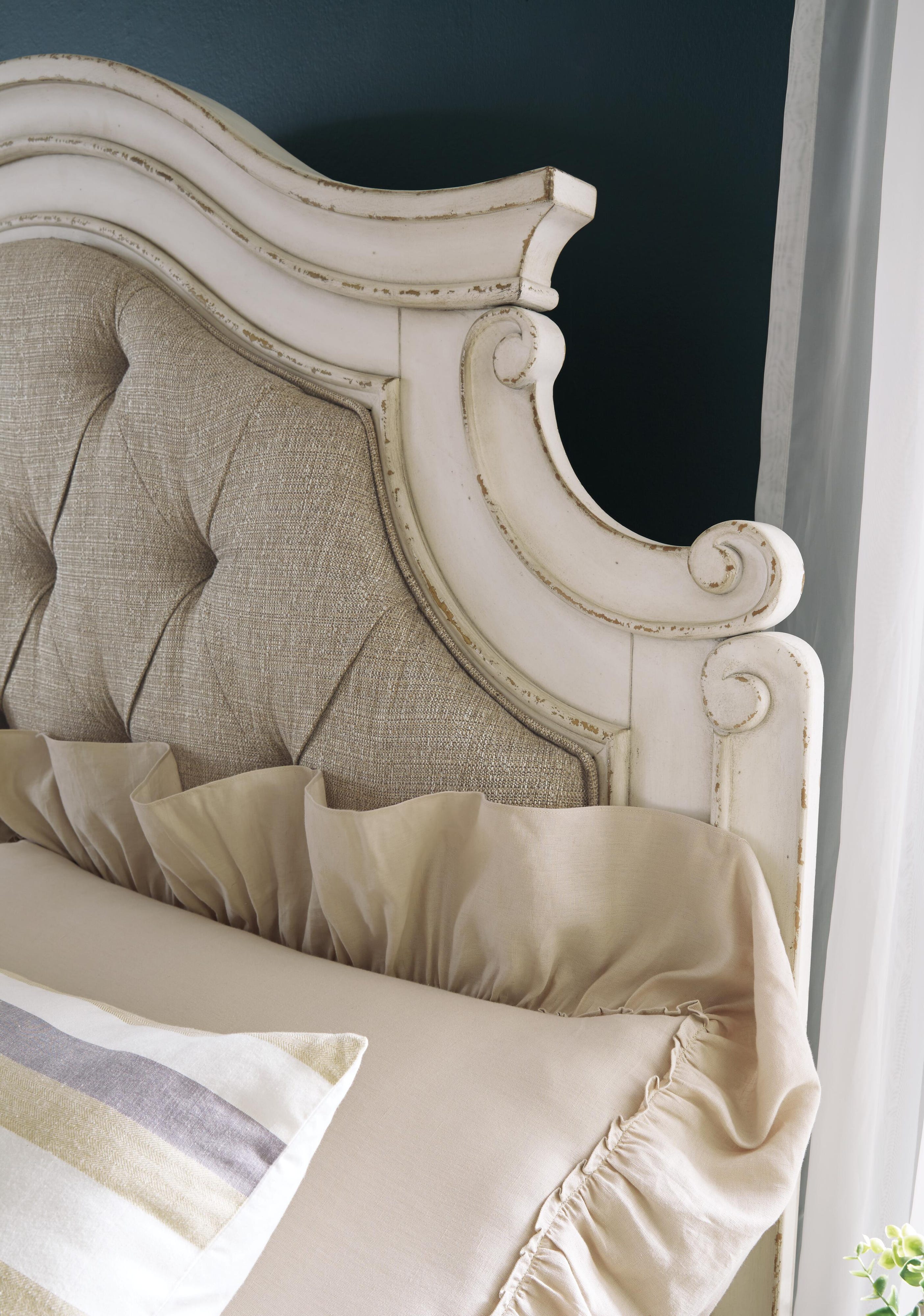 Realyn Upholstered Panel Bed, Dresser, Mirror, Chest and Nightstand