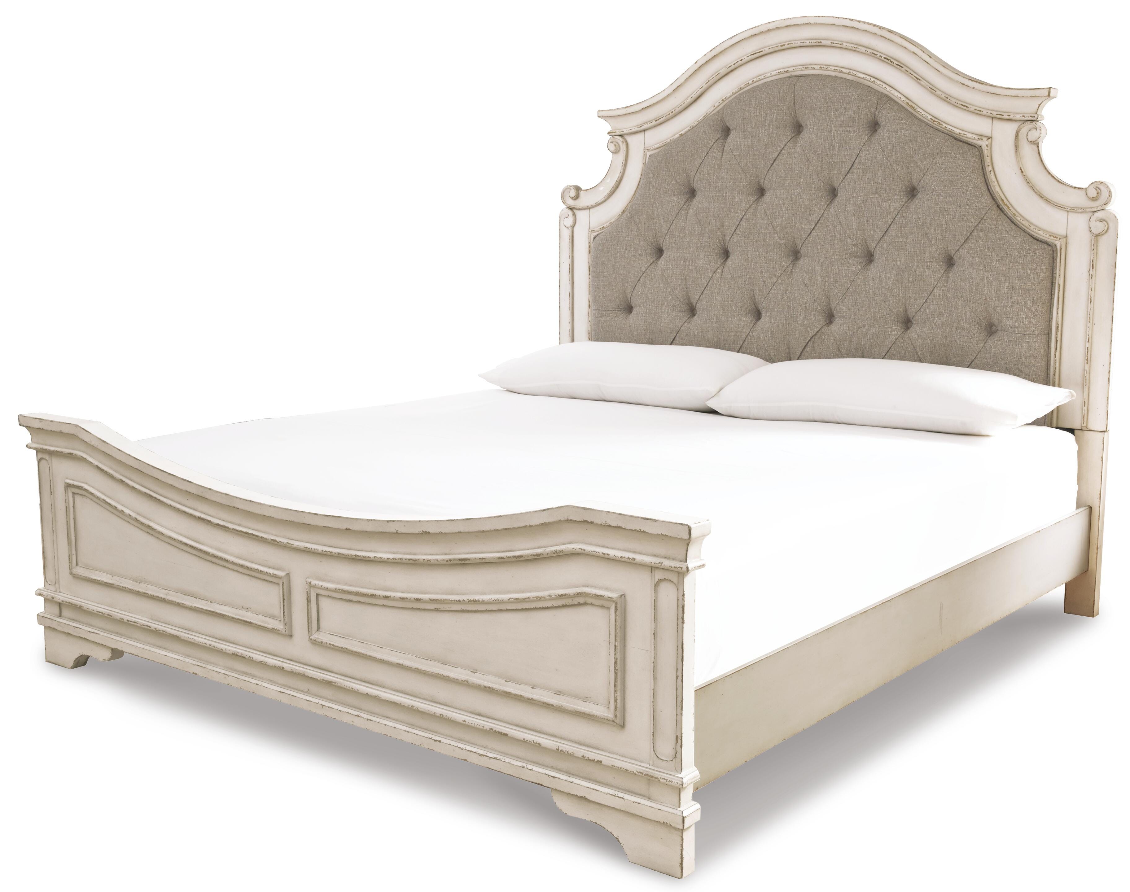 Realyn Upholstered Panel Bed with Mirrored Dresser and Nightstand