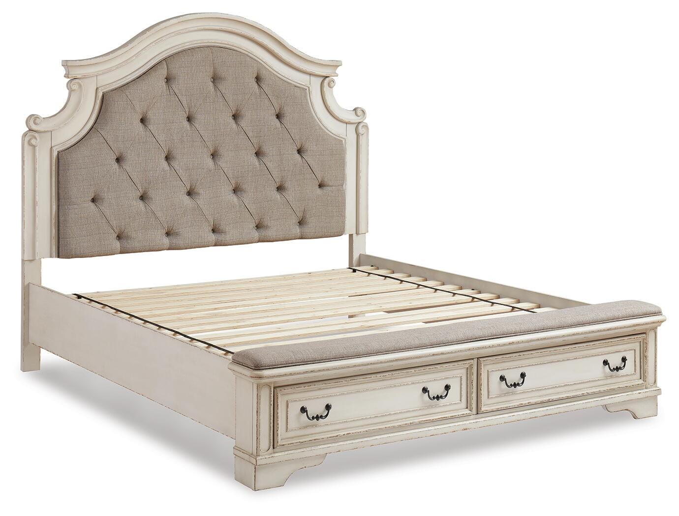 Realyn Upholstered Panel Bed with Storage, Dresser and Nightstand