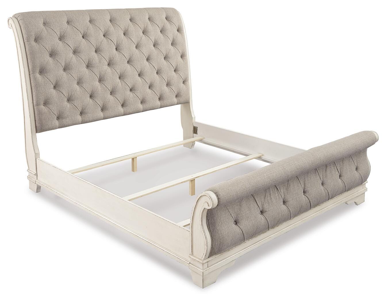 Realyn Upholstered Sleigh Bed, Dresser and Nightstand
