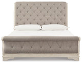 Realyn Upholstered Sleigh Bed, Dresser, Mirror and 2 Nightstands