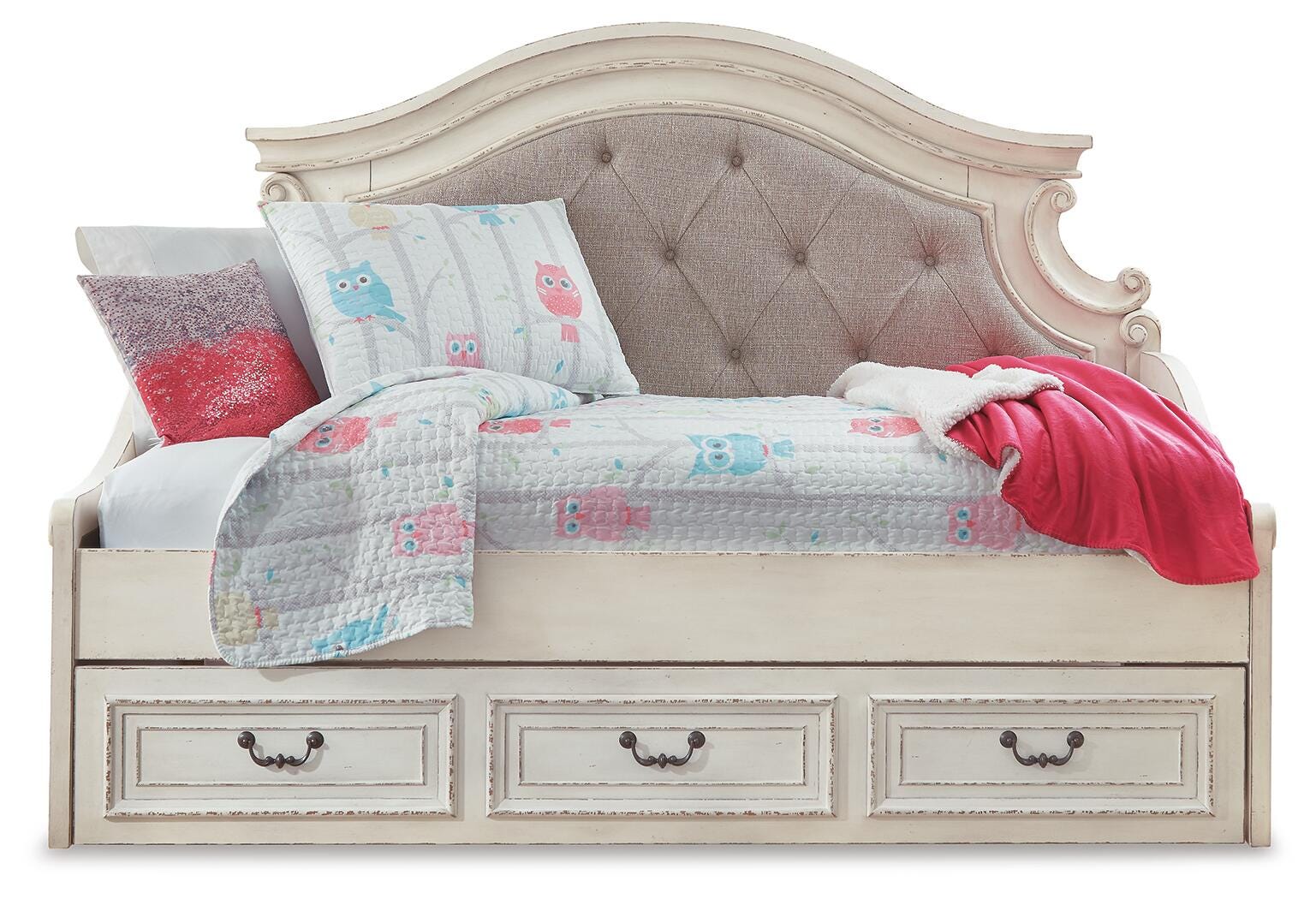 Realyn Day Bed with Storage, Dresser, Mirror and Nightstand