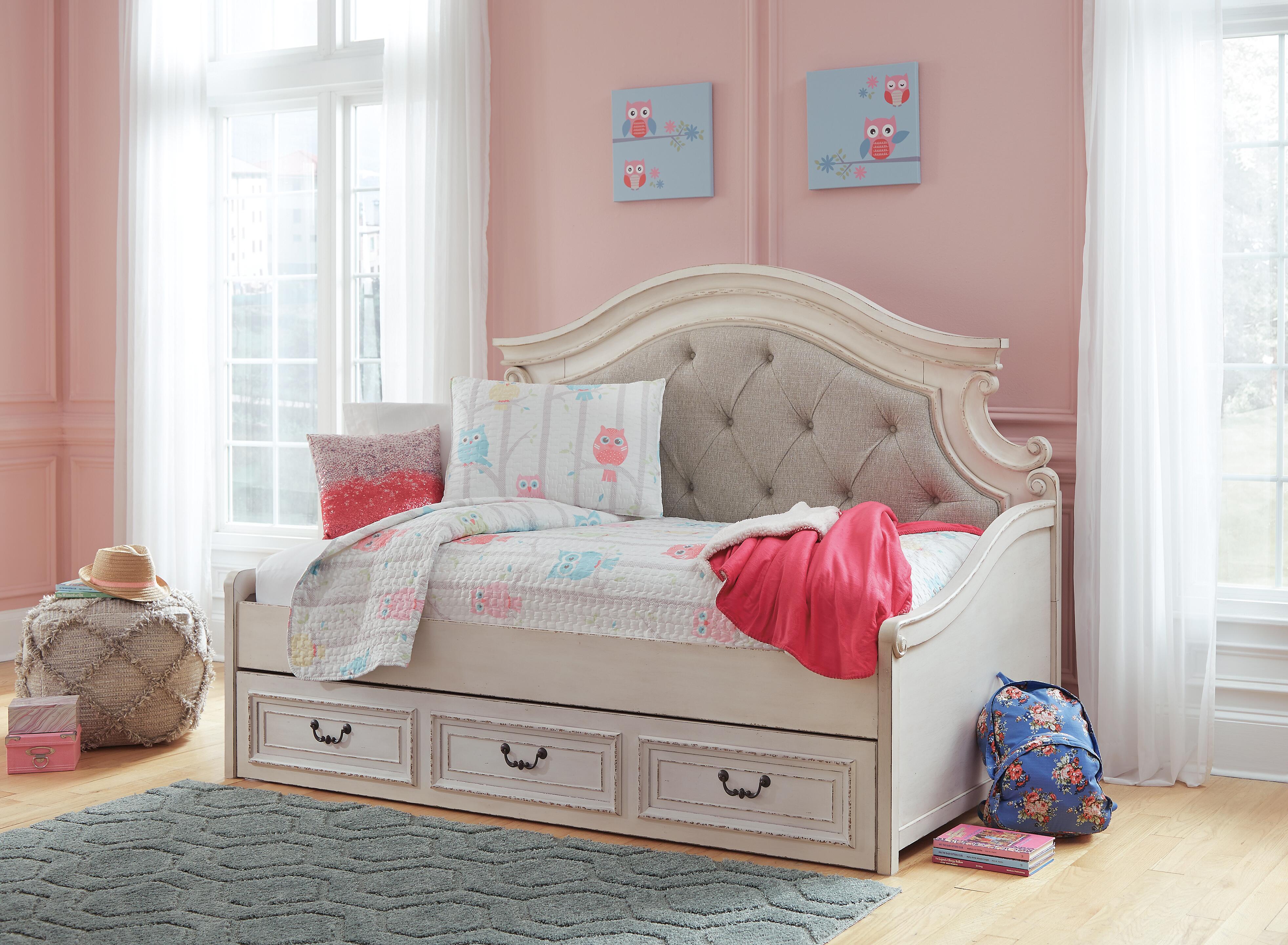 Realyn Day Bed with Storage, Dresser, Mirror and Nightstand