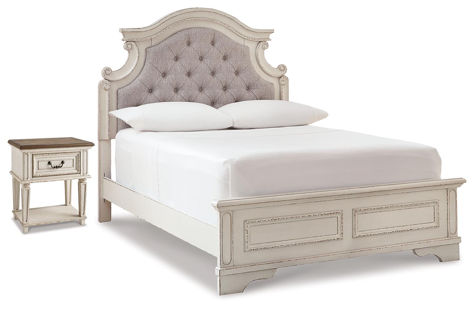Realyn Upholstered Panel Bed and Nightstand