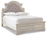 Realyn Upholstered Panel Bed, Dresser, Mirror and 2 Nightstands