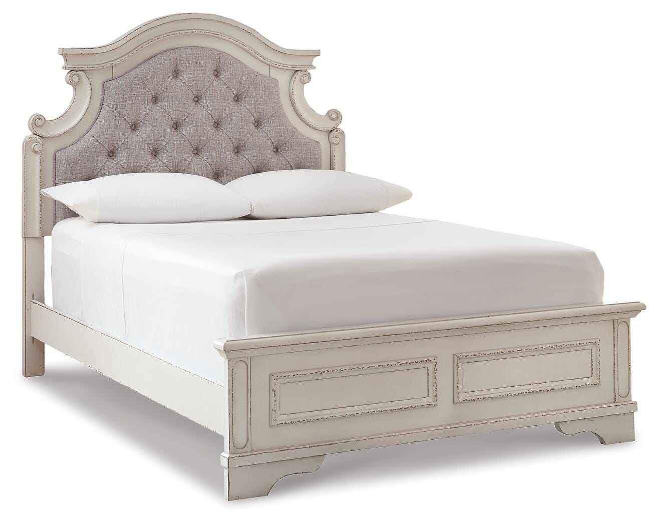 Realyn Upholstered Panel Bed, Dresser, Mirror, Chest and 2 Nightstands