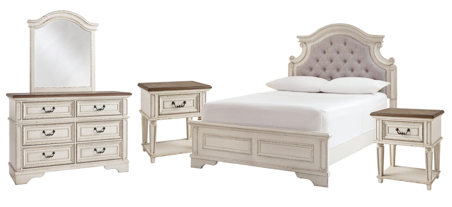 Realyn Panel Bed with Mirrored Dresser and 2 Nightstands